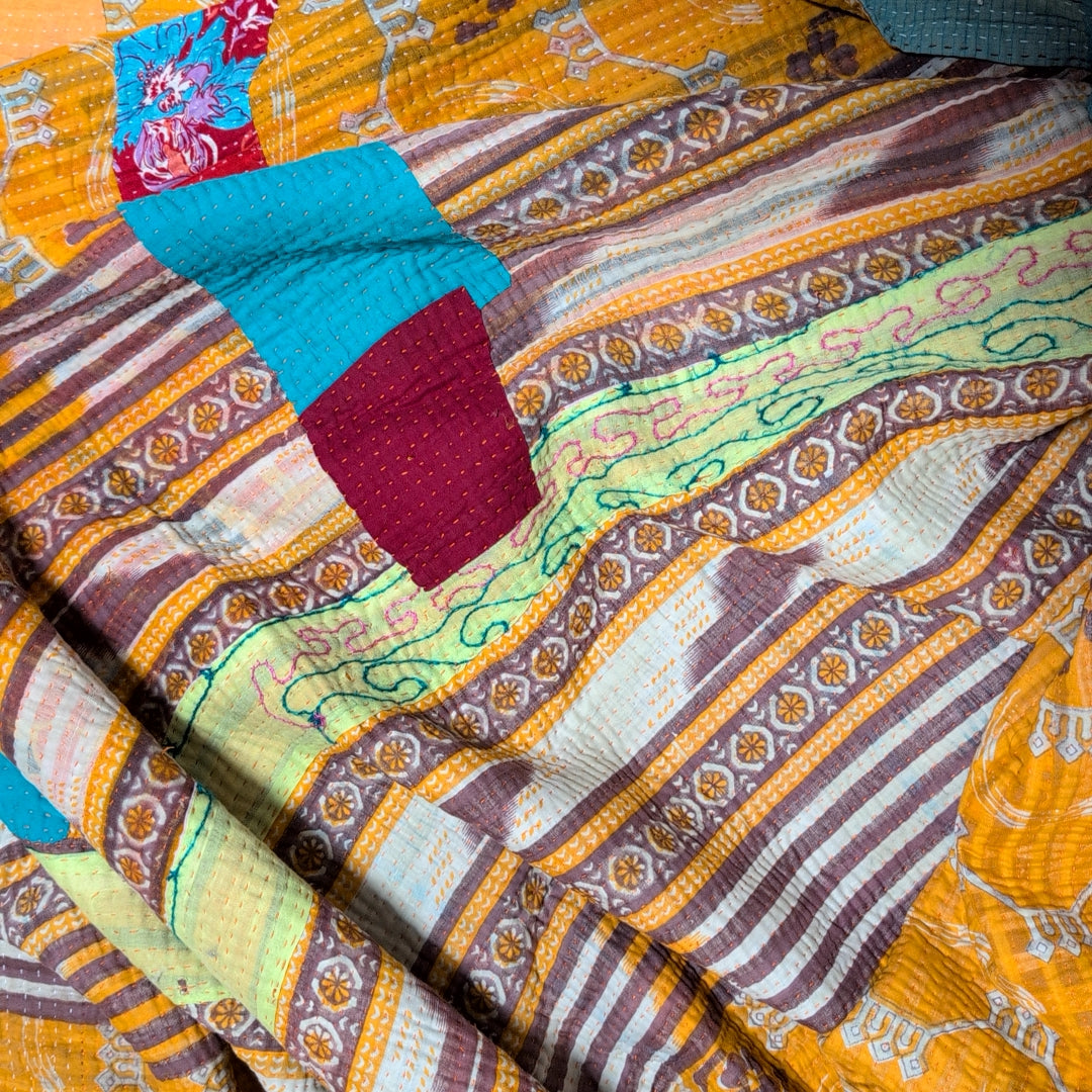 ヴィンテージカンタキルト ラリーキルト kantha マルチカバー ヴィンテージインテリア［サフランの記憶］#1150