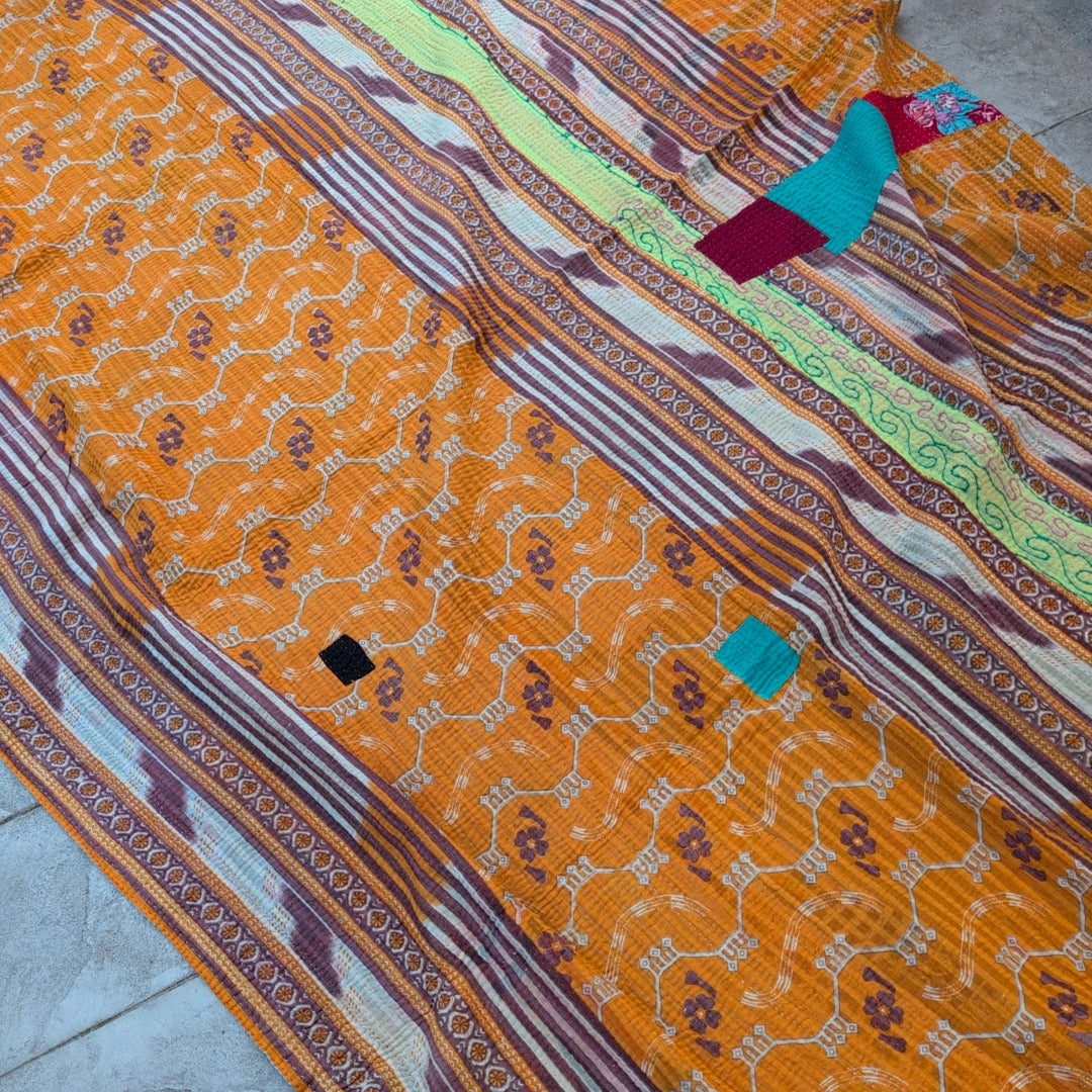 ヴィンテージカンタキルト ラリーキルト kantha マルチカバー ヴィンテージインテリア［サフランの記憶］#1150