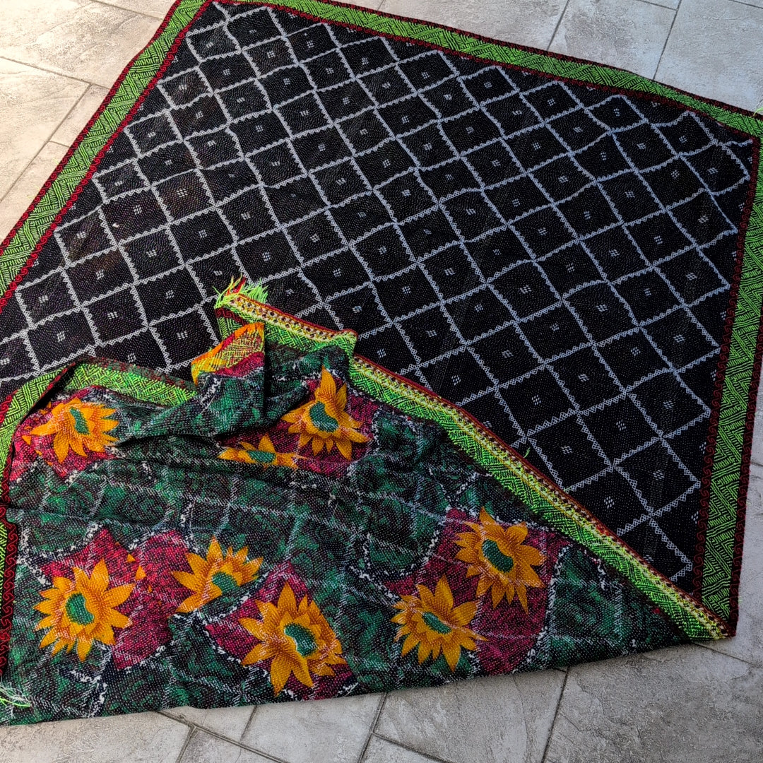 ヴィンテージカンタキルト ラリーキルト kantha 刺繍縫製 刺子布 ［真夜中の祈り華］#1156
