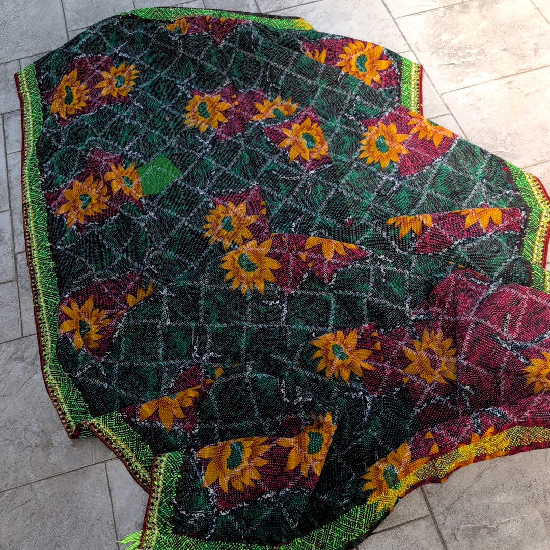 ヴィンテージカンタキルト ラリーキルト kantha 刺繍縫製 刺子布 ［真夜中の祈り華］#1156