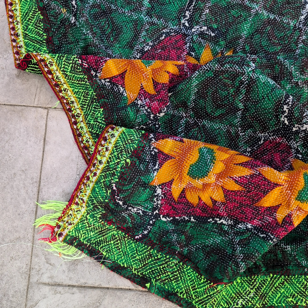 ヴィンテージカンタキルト ラリーキルト kantha 刺繍縫製 刺子布 ［真夜中の祈り華］#1156