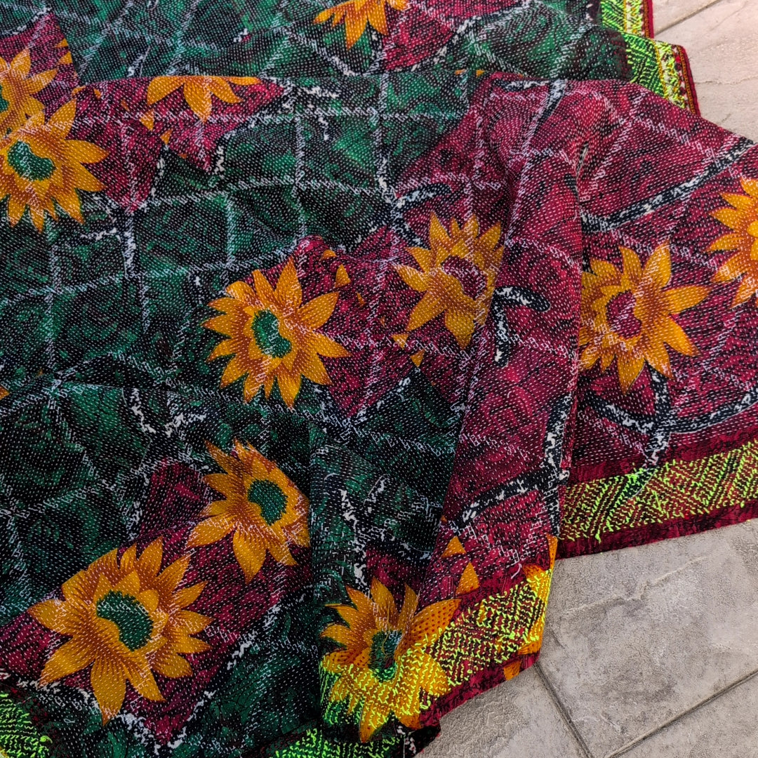ヴィンテージカンタキルト ラリーキルト kantha 刺繍縫製 刺子布 ［真夜中の祈り華］#1156