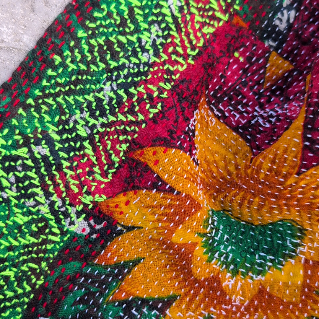 ヴィンテージカンタキルト ラリーキルト kantha 刺繍縫製 刺子布 ［真夜中の祈り華］#1156