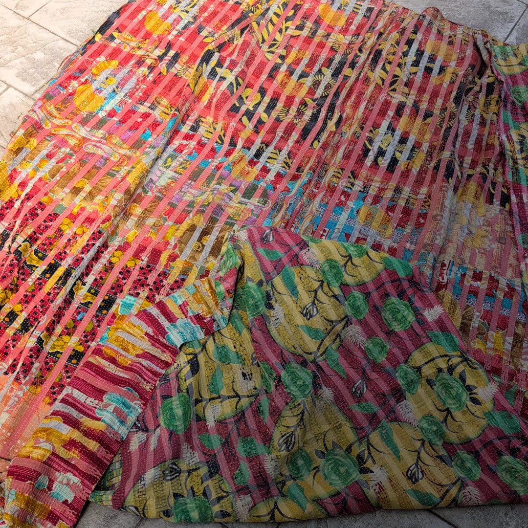 ヴィンテージカンタキルト ラリーキルト kantha ヴィンテージキルト ［しましまサーモンピンク］#1157