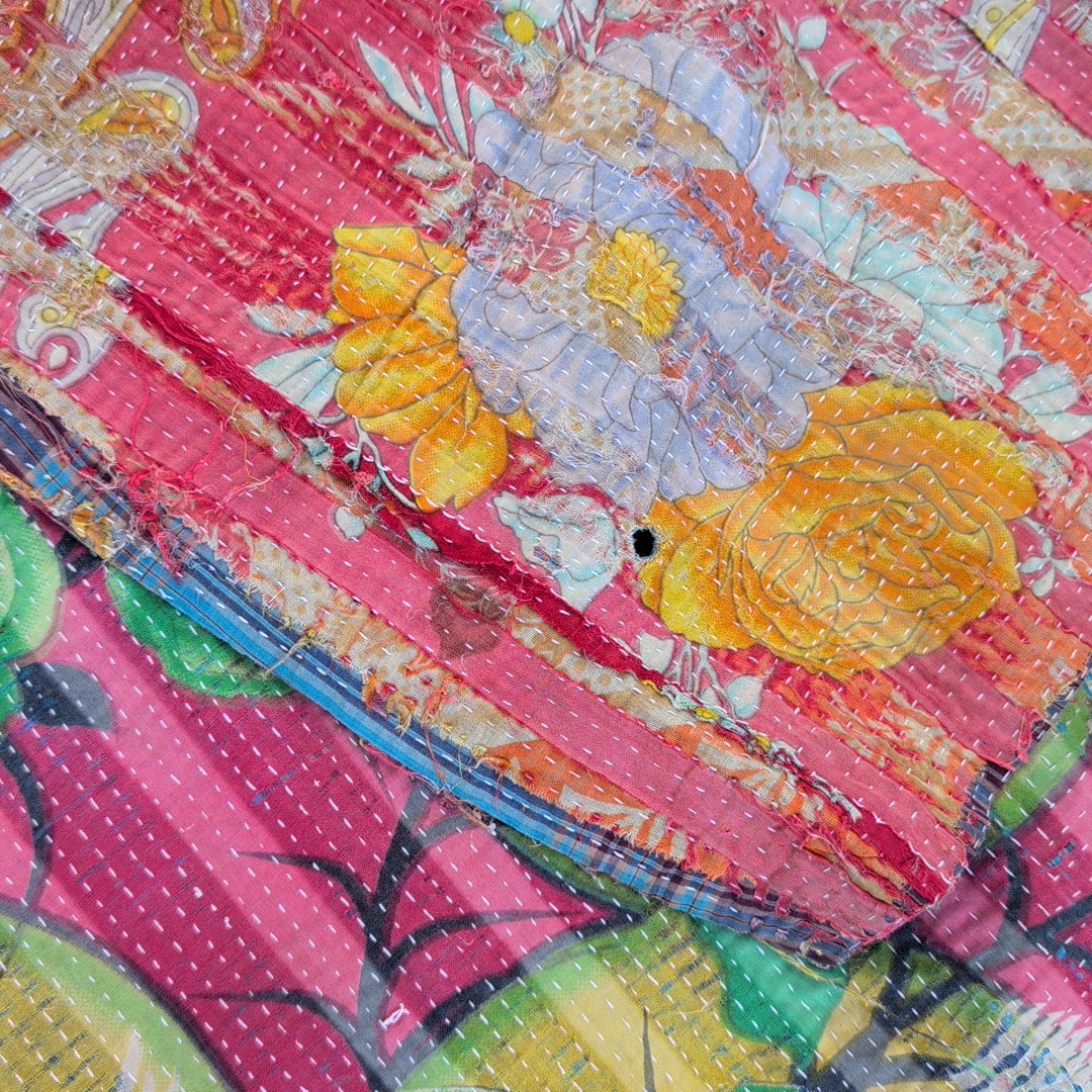 ヴィンテージカンタキルト ラリーキルト kantha ヴィンテージキルト ［しましまサーモンピンク］#1157