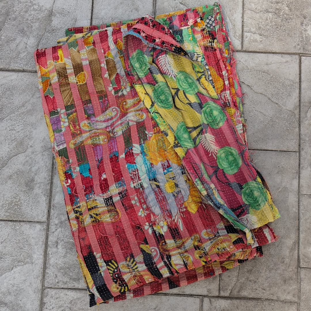 ヴィンテージカンタキルト ラリーキルト kantha ヴィンテージキルト ［しましまサーモンピンク］#1157