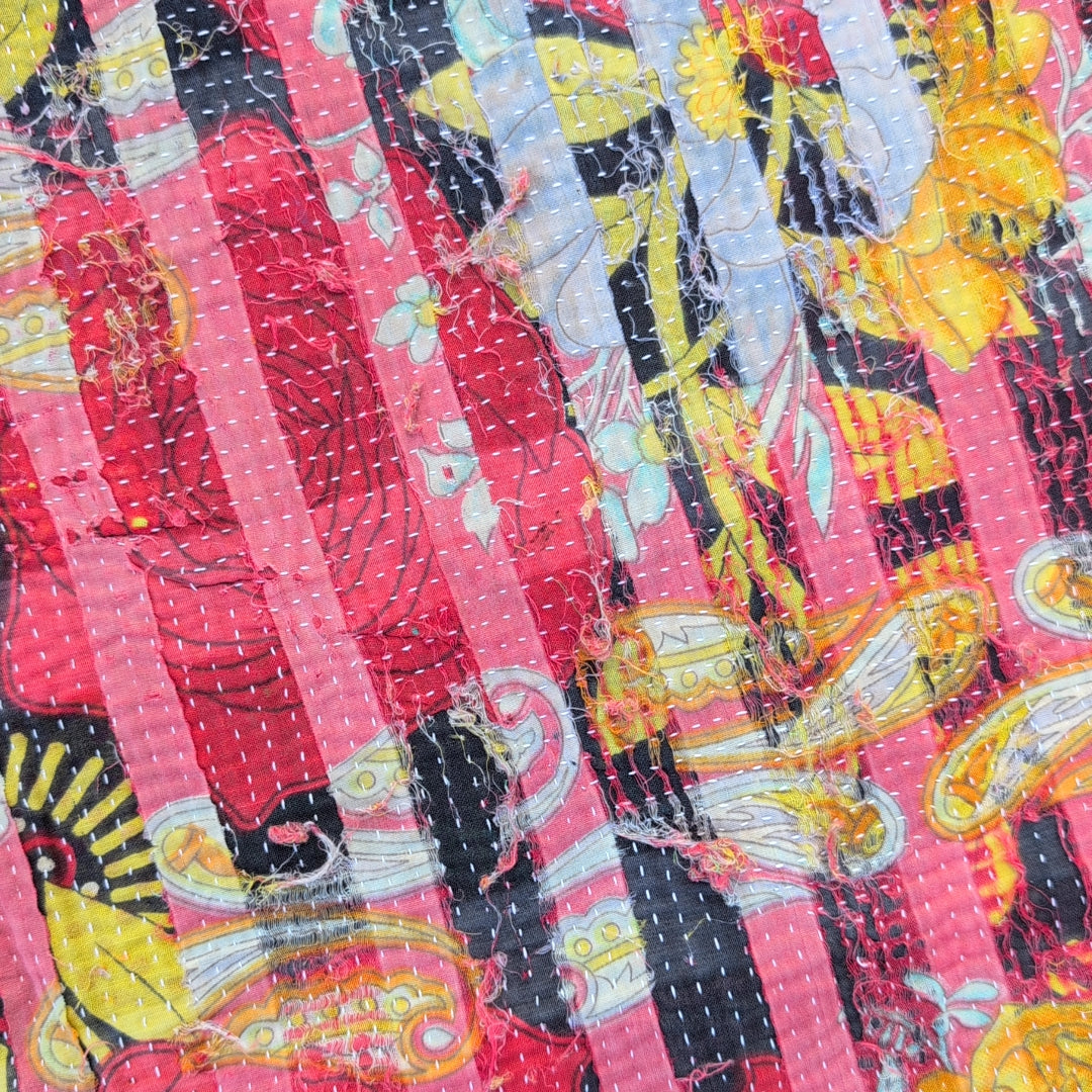 ヴィンテージカンタキルト ラリーキルト kantha ヴィンテージキルト ［しましまサーモンピンク］#1157