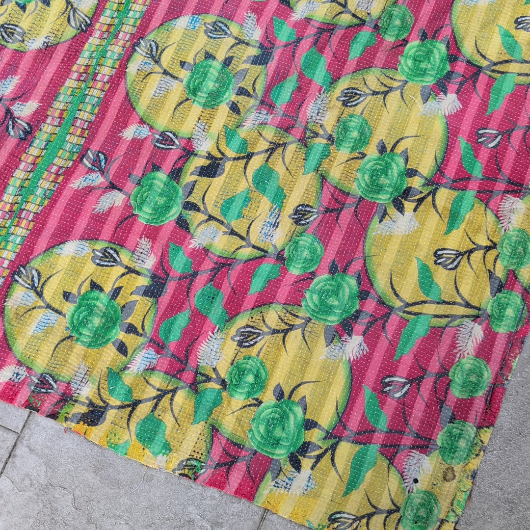 ヴィンテージカンタキルト ラリーキルト kantha ヴィンテージキルト ［しましまサーモンピンク］#1157