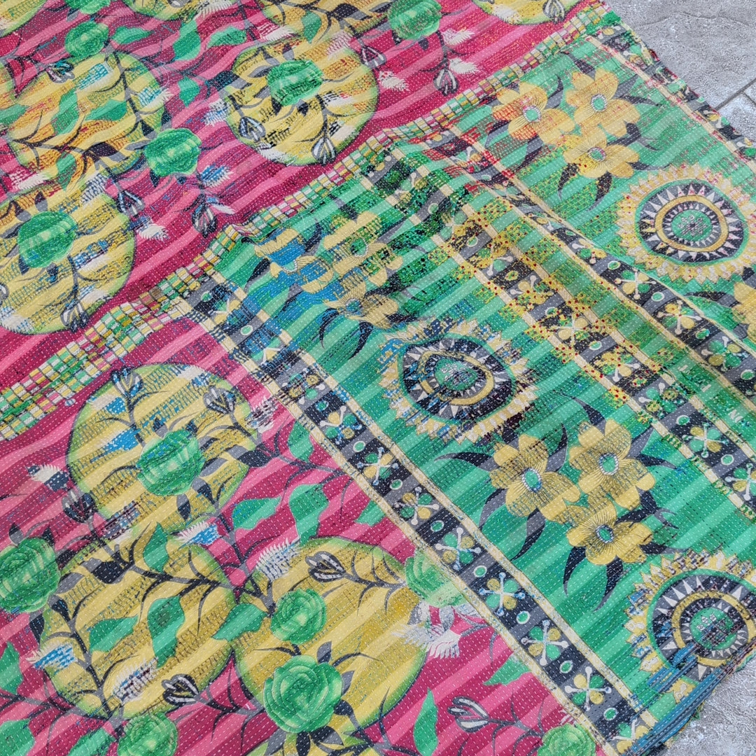 ヴィンテージカンタキルト ラリーキルト kantha ヴィンテージキルト ［しましまサーモンピンク］#1157