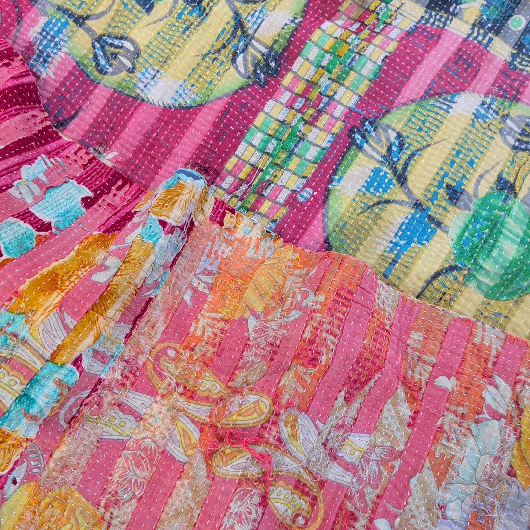 ヴィンテージカンタキルト ラリーキルト kantha ヴィンテージキルト ［しましまサーモンピンク］#1157