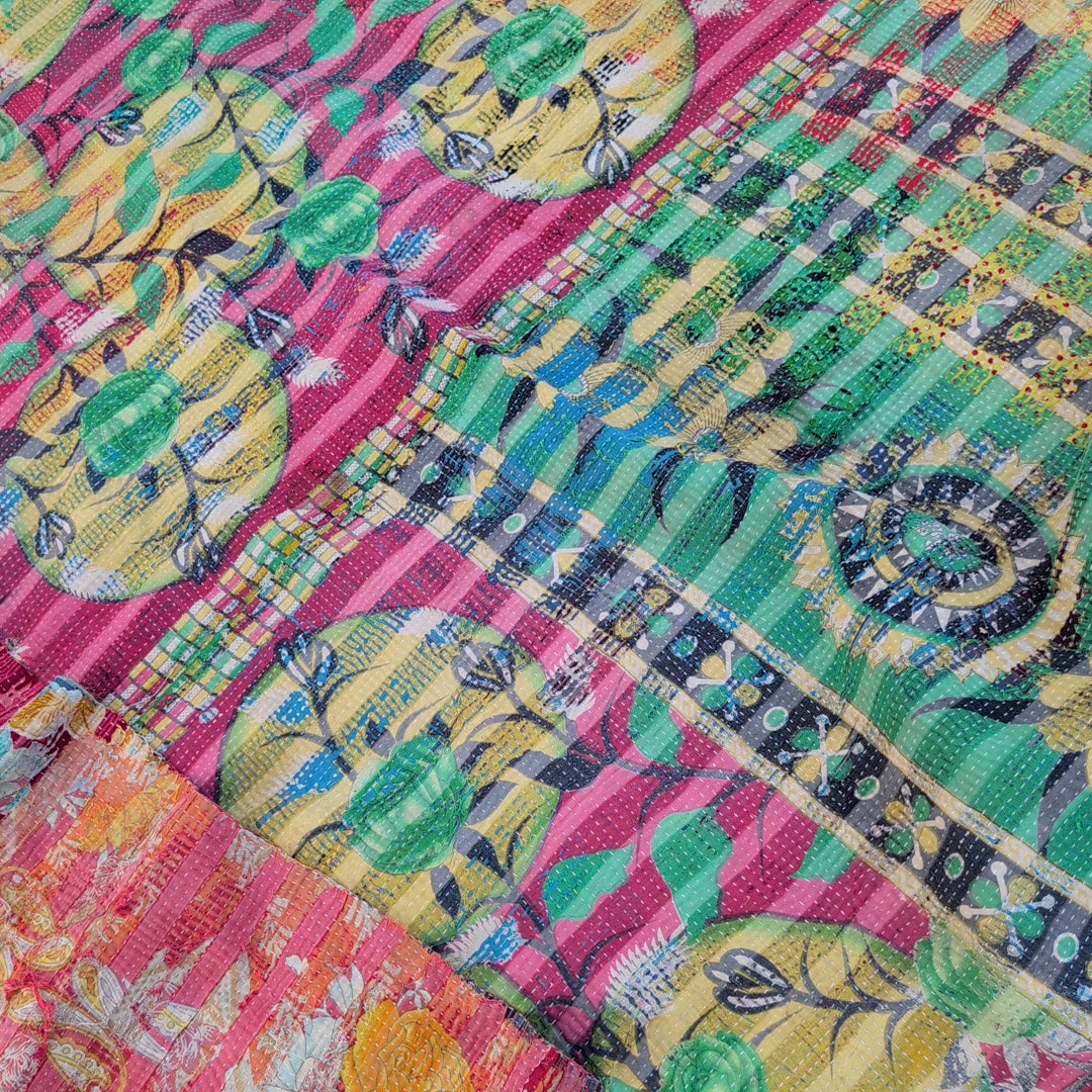 ヴィンテージカンタキルト ラリーキルト kantha ヴィンテージキルト ［しましまサーモンピンク］#1157