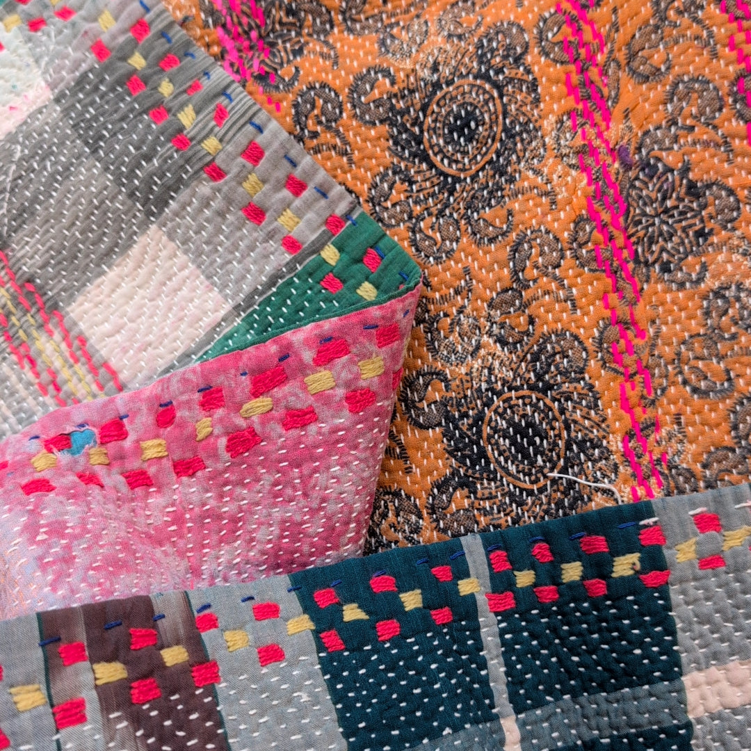 ヴィンテージカンタキルト ラリーキルト kantha ラグマット ［刺繍の庭園］#1161