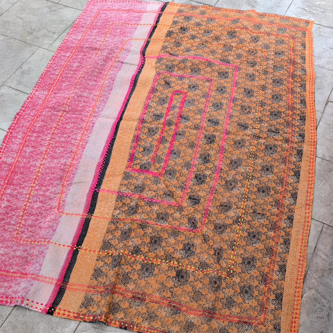 ヴィンテージカンタキルト ラリーキルト kantha ラグマット ［刺繍の庭園］#1161