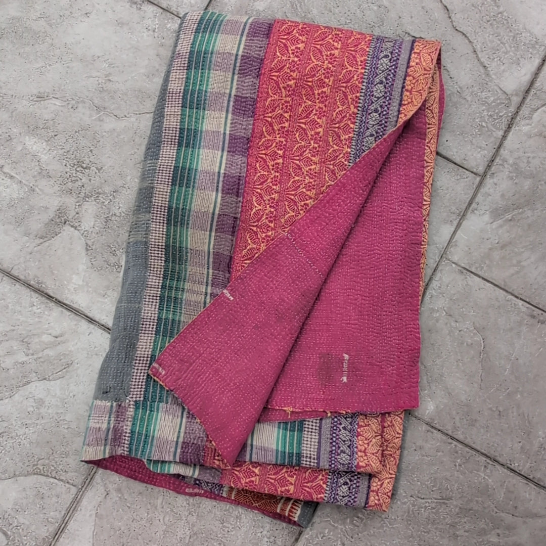 ヴィンテージカンタキルト ラリーキルト kantha 刺子布 ［あずきストライプ］#1142