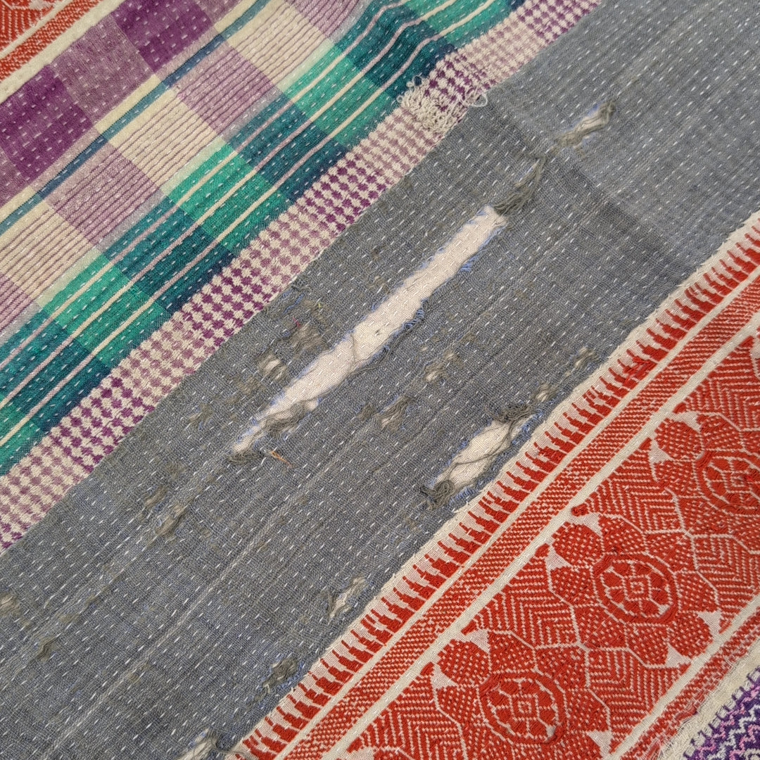ヴィンテージカンタキルト ラリーキルト kantha 刺子布 ［あずきストライプ］#1142
