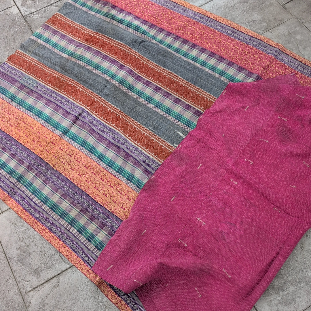 ヴィンテージカンタキルト ラリーキルト kantha 刺子布 ［あずきストライプ］#1142