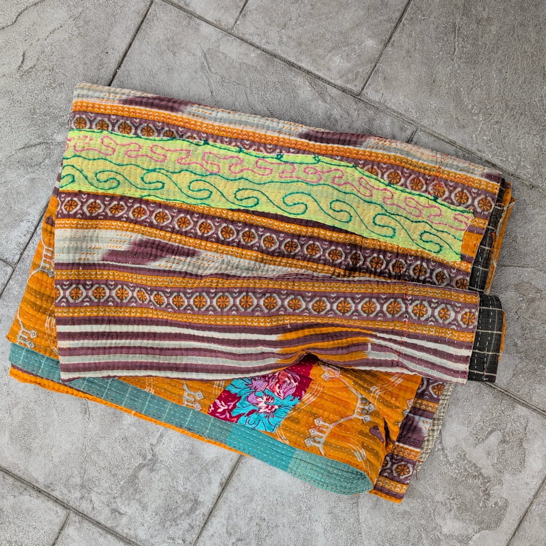 ヴィンテージカンタキルト ラリーキルト kantha マルチカバー ヴィンテージインテリア［サフランの記憶］#1150