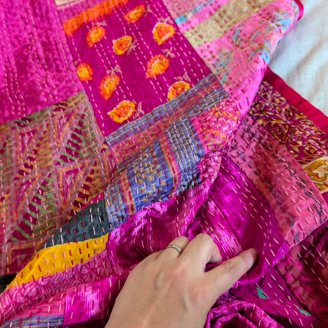 【L】 ヴィンテージシルク カンタキルト 大判 ラグ ソファーカバー ［ピンク宮殿］ #989